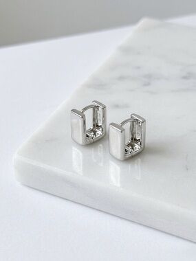 Tiny Rectangular Huggie Earrings | Platinum Plated | Water Resistant Minimalist